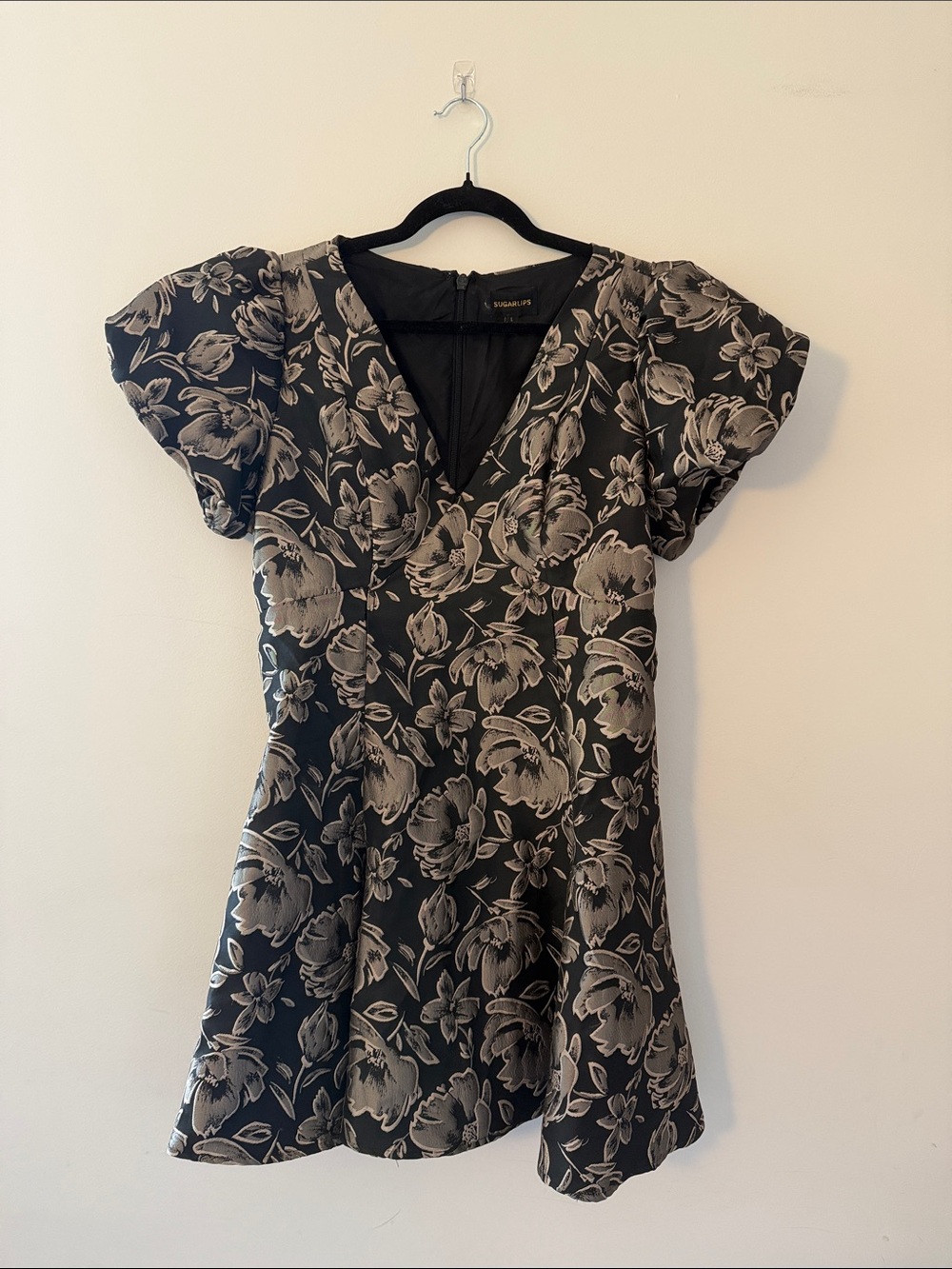 Sugarlips Black Mini Dress with Cream Floral Print